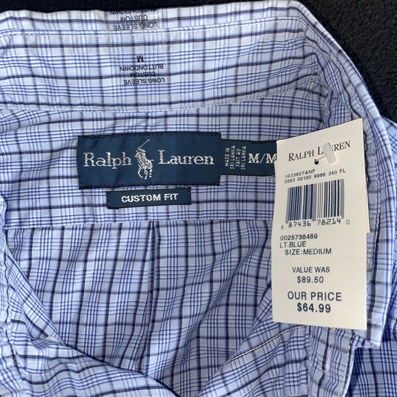 Ralph Lauren Custom Fit Blue Check Plaid Oxford Shirt Men's Medium NWT - Picture 6 of 12